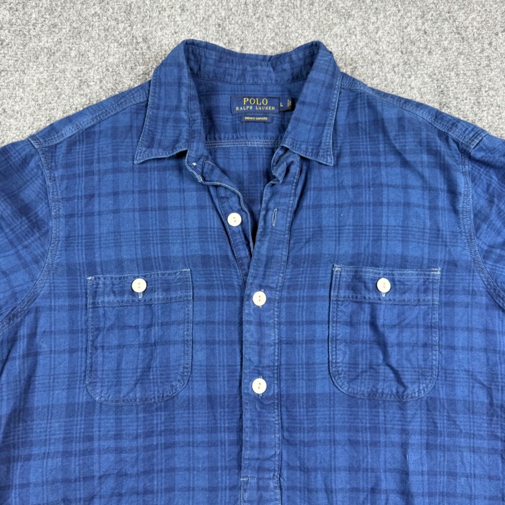 Polo Ralph Lauren Popover Shirt Mens Large Blue Indigo Oxford Plaid Short Sleeve